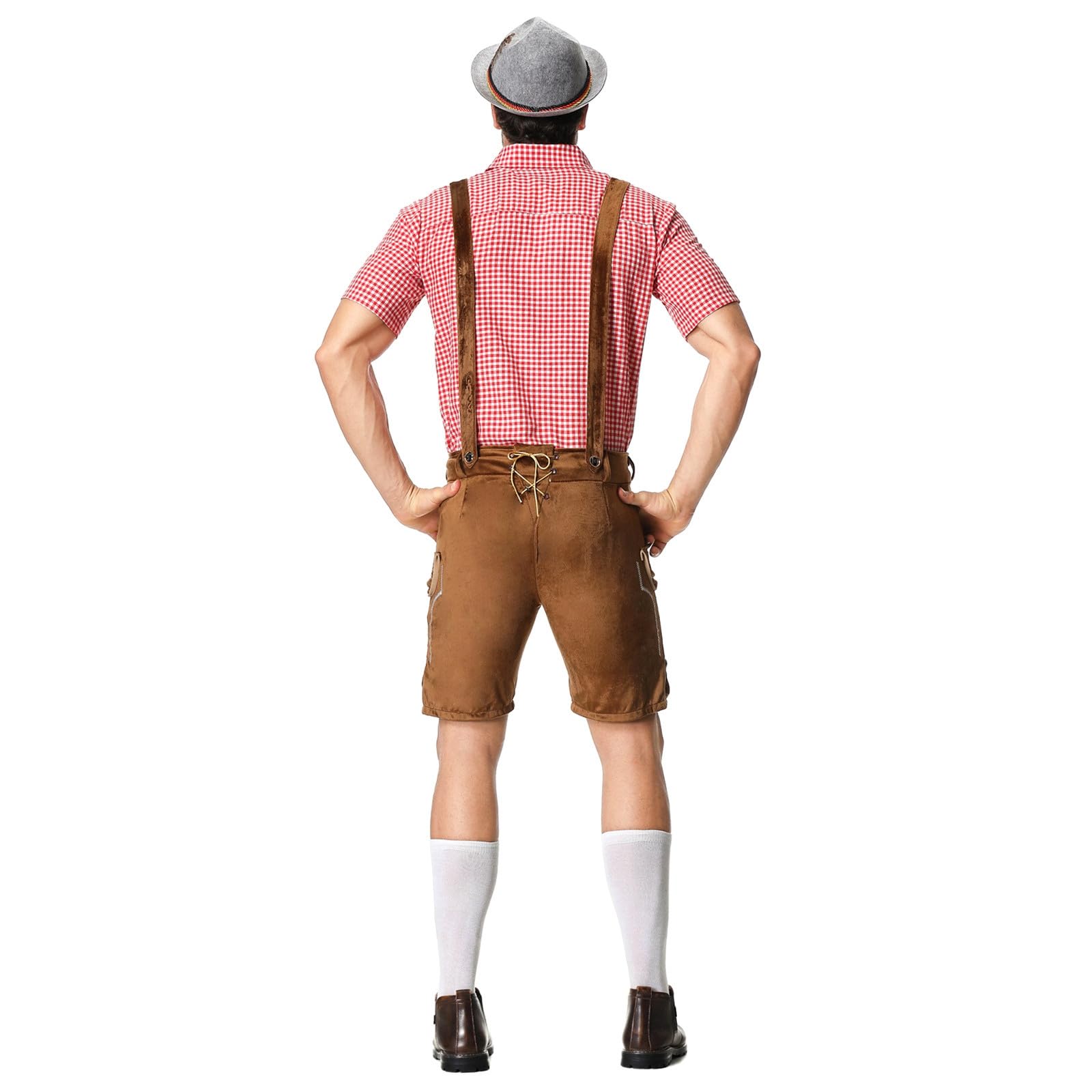Oktoberfest Herren Outfit Herren Deutsch Bayern Oktoberfest Kostüm Set mit Abnehmbarem Lätzchenträger Kariertes Trachtenhemd, Lederhose mit Trägern und Bayerischen Filzhüte Trachten Set