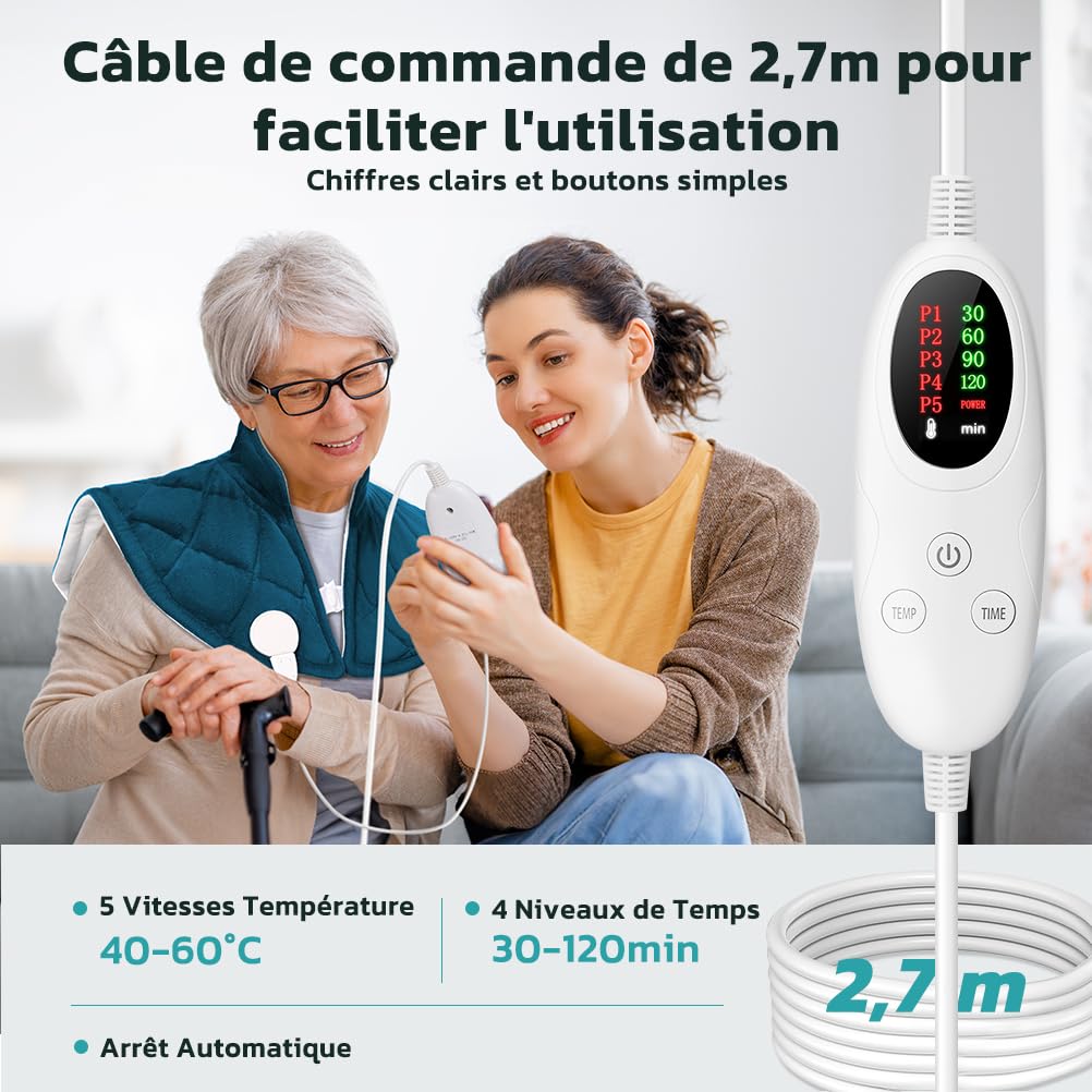 Coussin Chauffant Cervical Électrique avec Télécommande LCD, Fermoir D’extension, 5 Niveaux de Chauffage (40-60°C) pour Cou, Épaules et Dos, Arrêt Auto, Lavable en Machine, 55 * 45CM