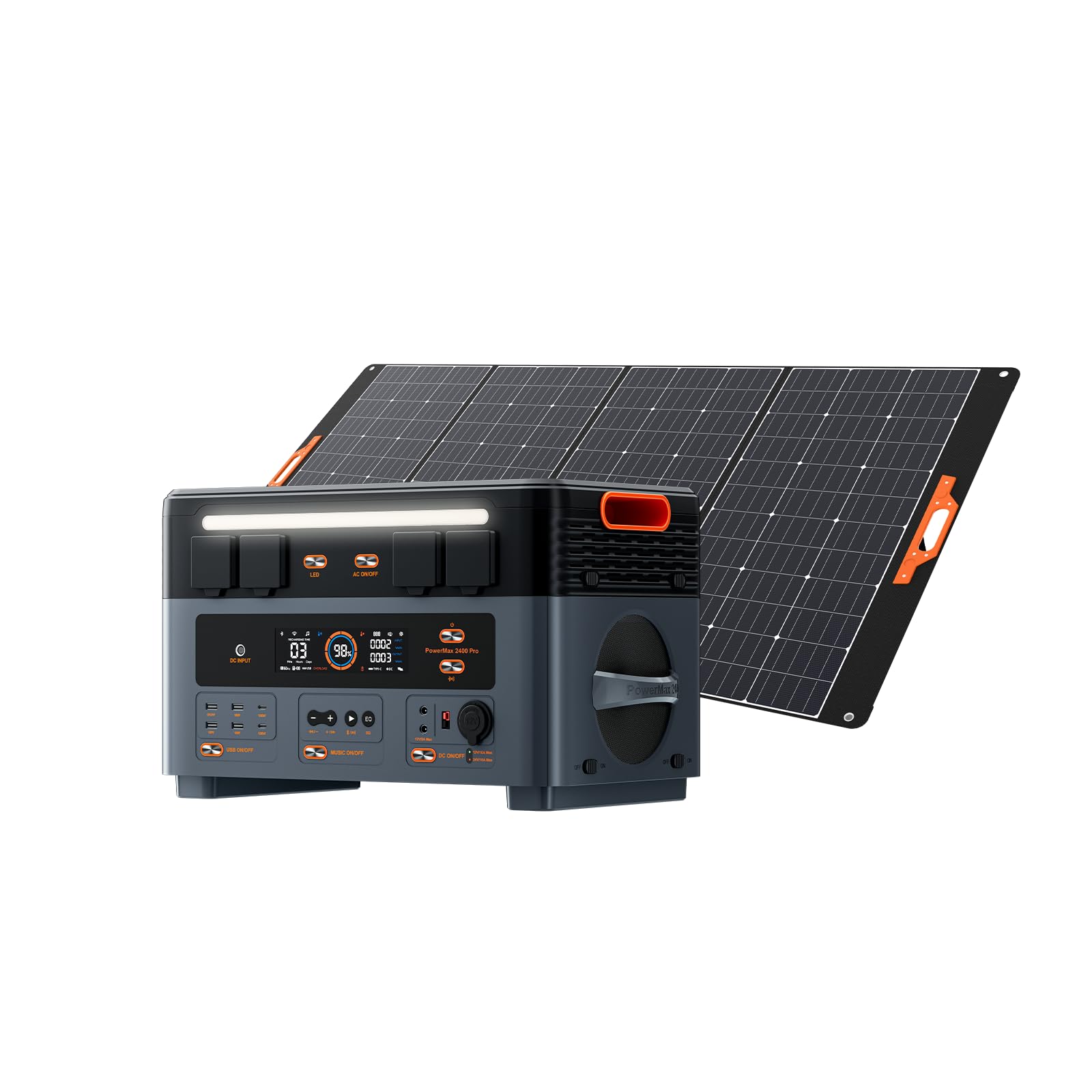 OSCAL 2400W Power Station portatile, batteria LFP 2016Wh Power Station portatile, generatore solare on/off-grid, con due altoparlanti da 50W, UPS 5ms, incluso un pannello solare da 400W.
