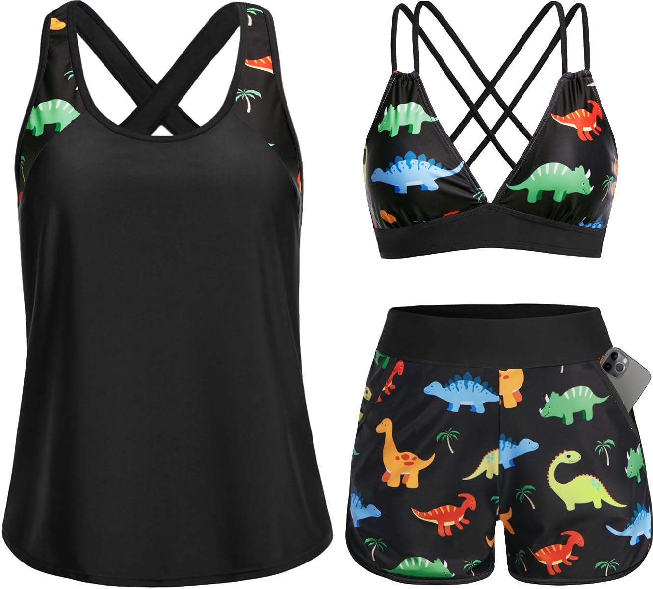 Women's 3 Piece Tankini Swimsuit Tummy Control with Bra Pocket Boy Shorts