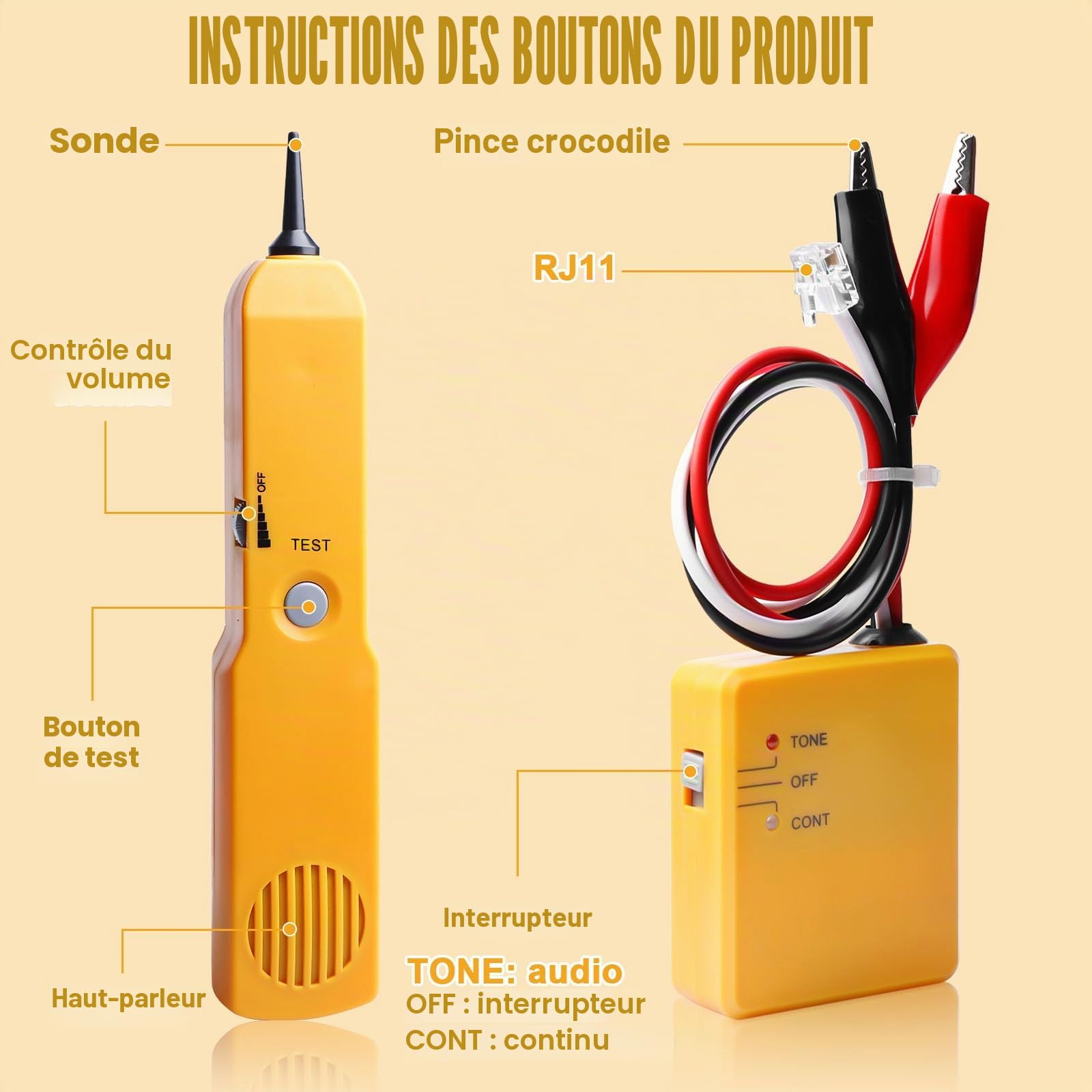 GBKDQQ Détecteur de câbles et générateur de son, traceur de câble, testeur de réseau multifonctionnel, testeur de câbles, localisateur de lignes et testeur de passage de ligne téléphonique RJ11