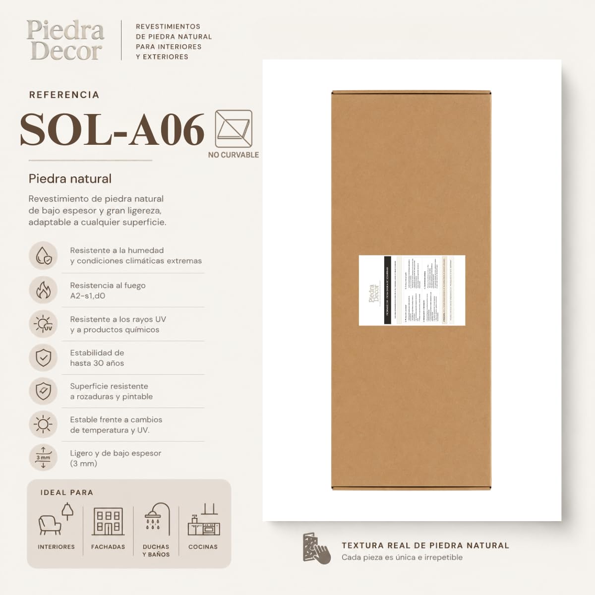 Panel piedra flexible PIEDRA LINEAL SOL-A06 60x120 cm - 3-5 mm ultrafino, ligero, curvable, resistente, interior y exterior, sin obra, textura real x4 uds acabado premium.