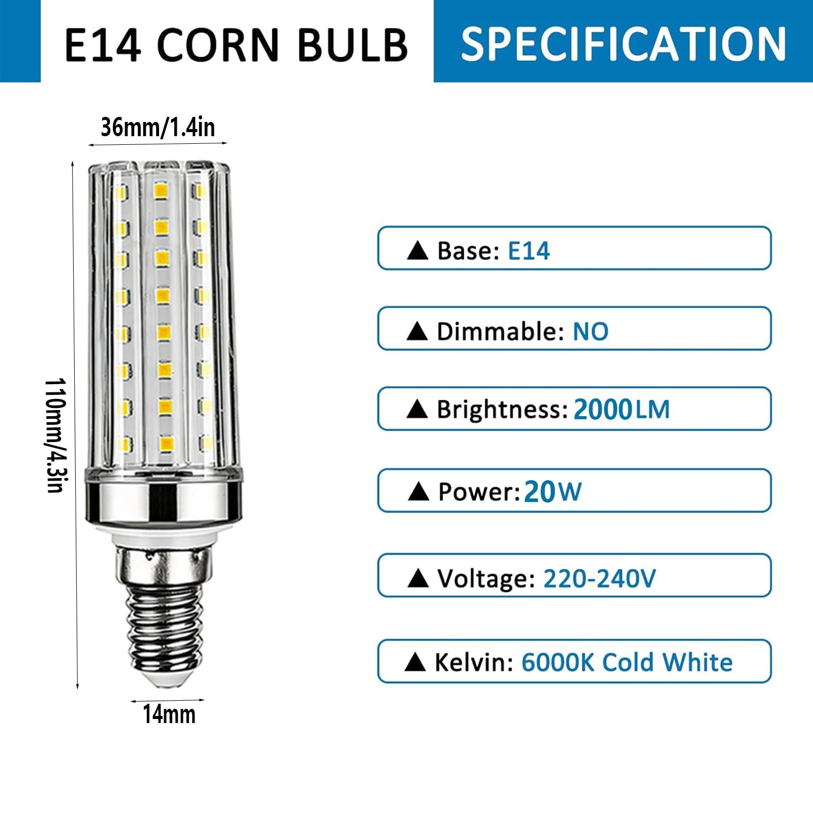 Lampadine LED E14 20W Non Dimmerabile Equivalente A 200W Senza Sfarfallio (CRI > 80) Basso Consumo Energetico Per Lampadario Plafoniera Lampada Da Tavolo(Cool White 6000K,10 Pack)