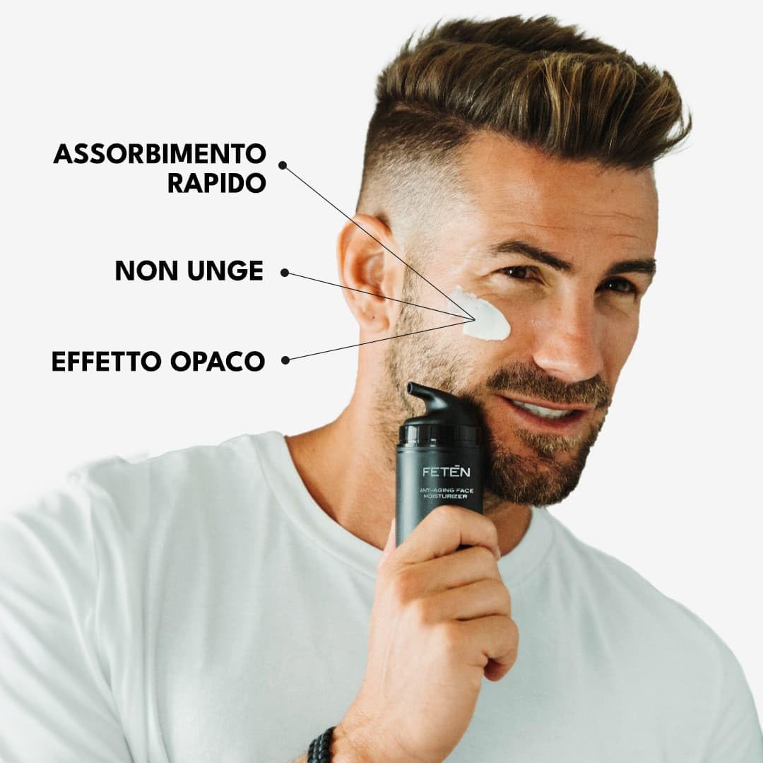 FETEN Skincare Cofanetto Regalo Uomo - Set Antietà Idratante con Crema Viso Antirughe, Contorno Occhi Antiocchiaie e Siero Vitamina C - Kit Cosmetica e Cura della Pelle Uomo