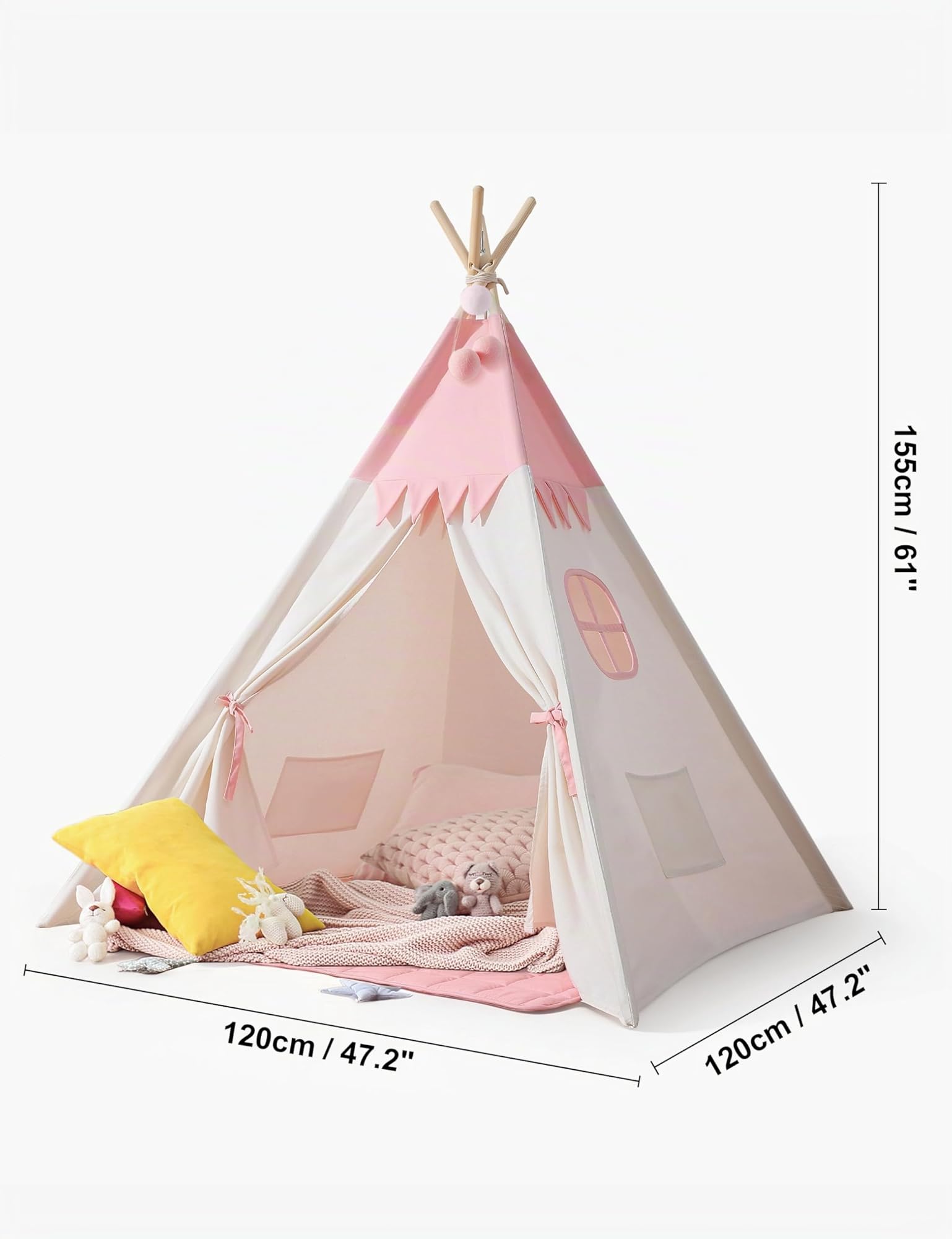 besrey Tenda per Bambini da Gioco in Tela Indiana Teepee in Cotone con Tappetino Imbottito e Luci Fatate (Rosa e bianco)