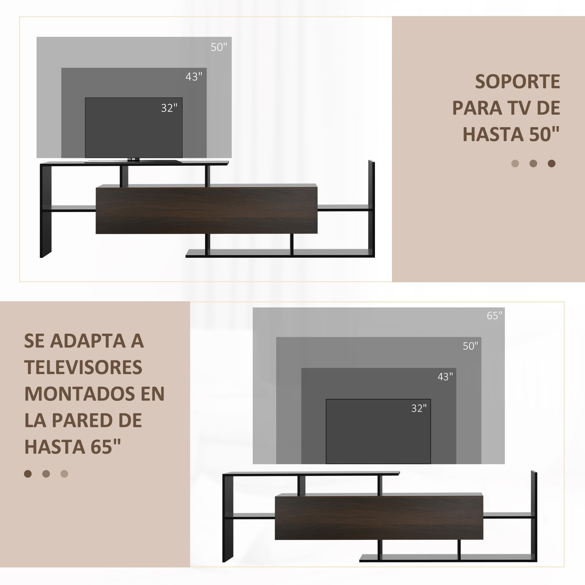 HOMCOM Muebles de Salón Conjunto Muebles de TV para Televisiones de Pared hasta 65" o de Pie hasta 40"con Mesa para Televisor 153,6x25x42 cm y Estante de Pared 150x14,5x16,3 cm Negro y Marrón