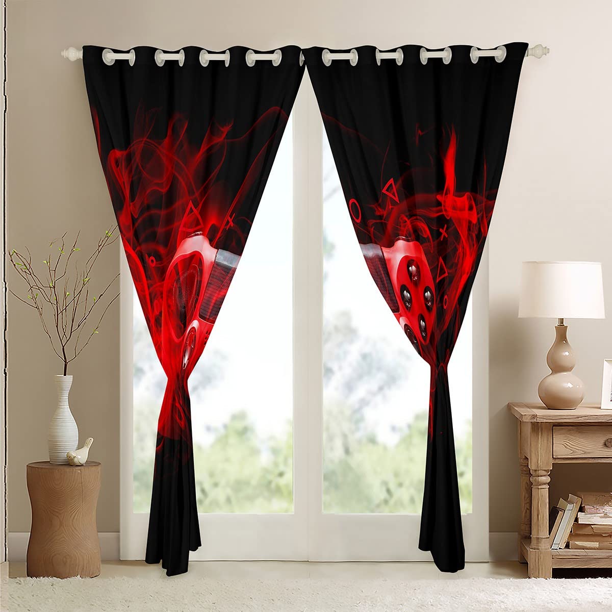Kids Gamepad Window Treatments Modern Gamer Bedroom Decor For Boys Girls Teens Game Controller Curtain Youth Gaming Console Window Drapes Red Black Room Decor W52*L63 - Image 4