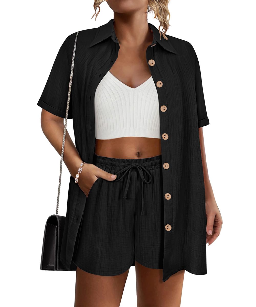 RITERA Conjunto de 2 piezas de algodón y lino para mujer, talla grande, camisa de manga corta con cordón, pantalones cortos y pantalones cortos para vacaciones en la playa