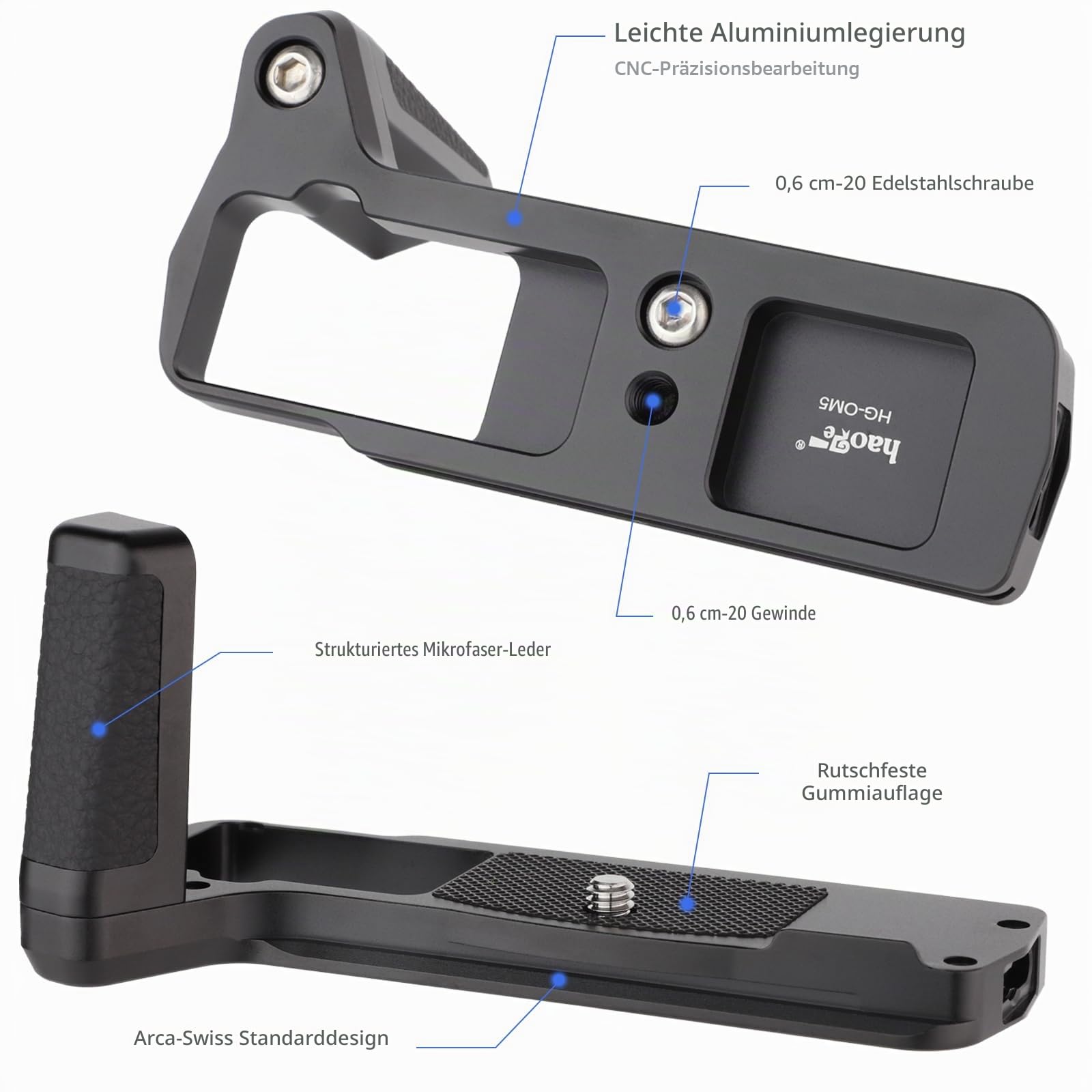 Haoge HG-OM5 Kamera-Halterung, Handgriff für OM System OM-5, integrierte Arca Swiss Standard-Schnellwechselplatte