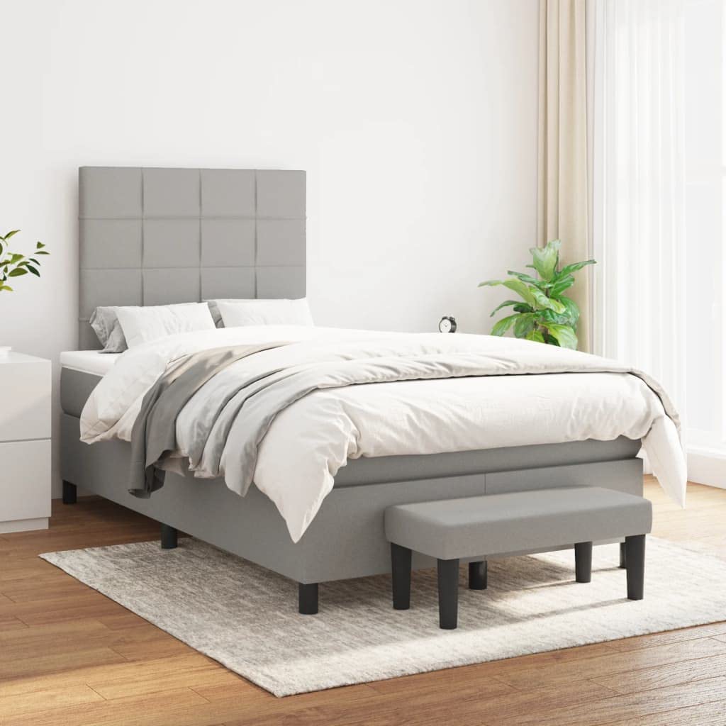 Cama con somier con colchón, color gris claro, 120 x 200 cm, tela, cama tapizada, cama individual con cabecero ajustable, marco de cama de poliéster, que ahorra espacio, muebles para jóvenes
