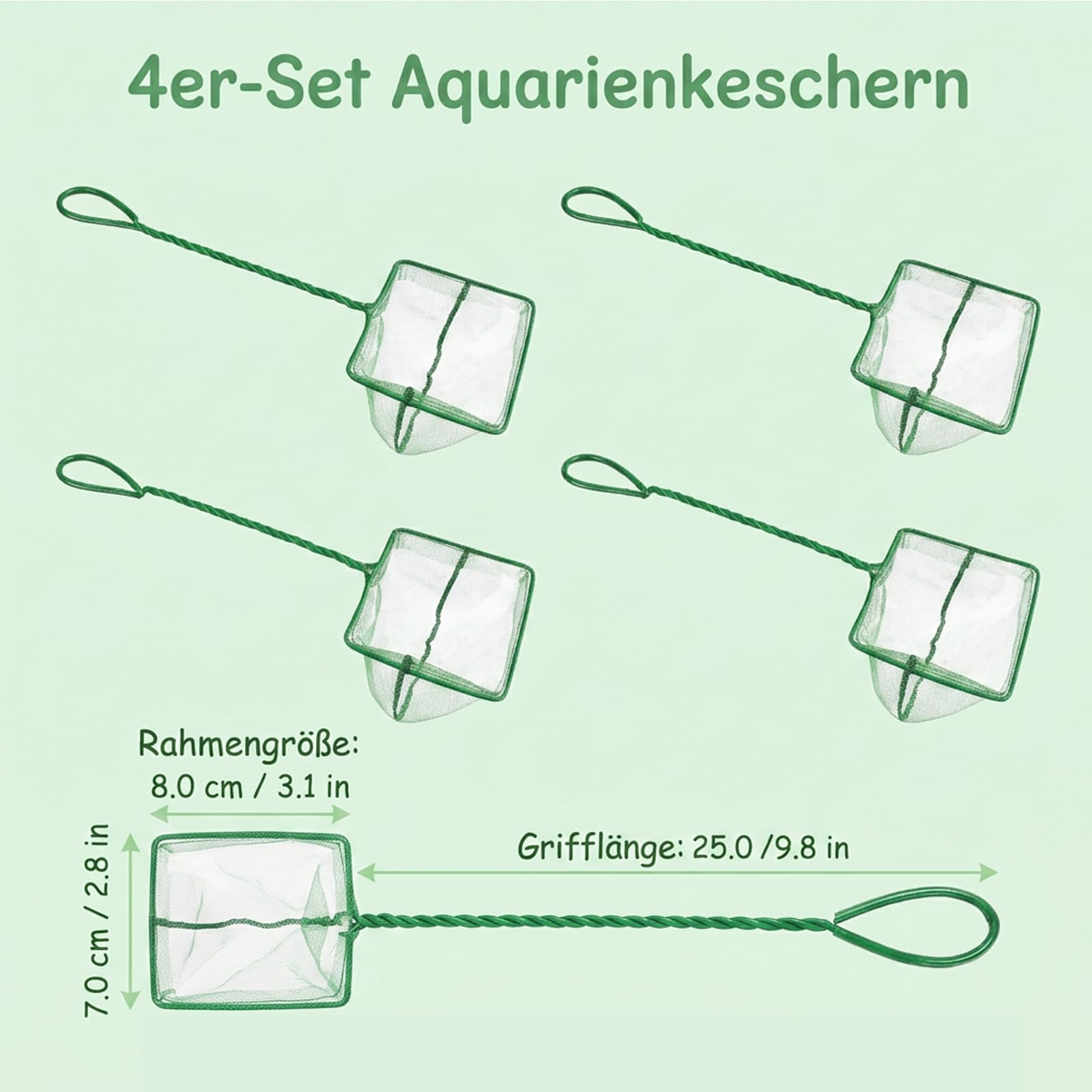 4 Stück Aquarium Kescher Klein, 3 Zoll Aquarium Fischnetz aus Weichem Nylon, Rostfreier Griff für Kleine Fische, Garnelen und Becken Reinigung