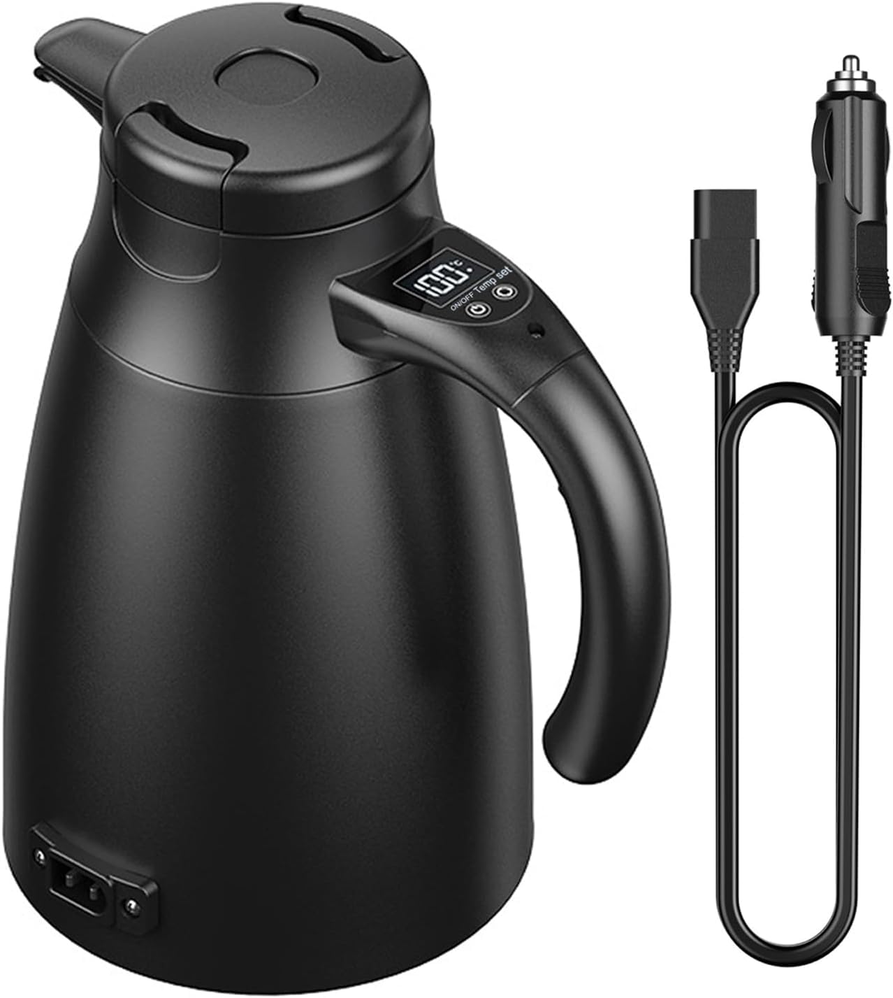 Bouilloire de voyage 12V/24V pour voiture : Bouilloire électrique portable de 1,2 litre en acier inoxydable avec adaptateur allume-cigare. Chauffe jusqu'à 100 °C et dispose d'un écran LCD