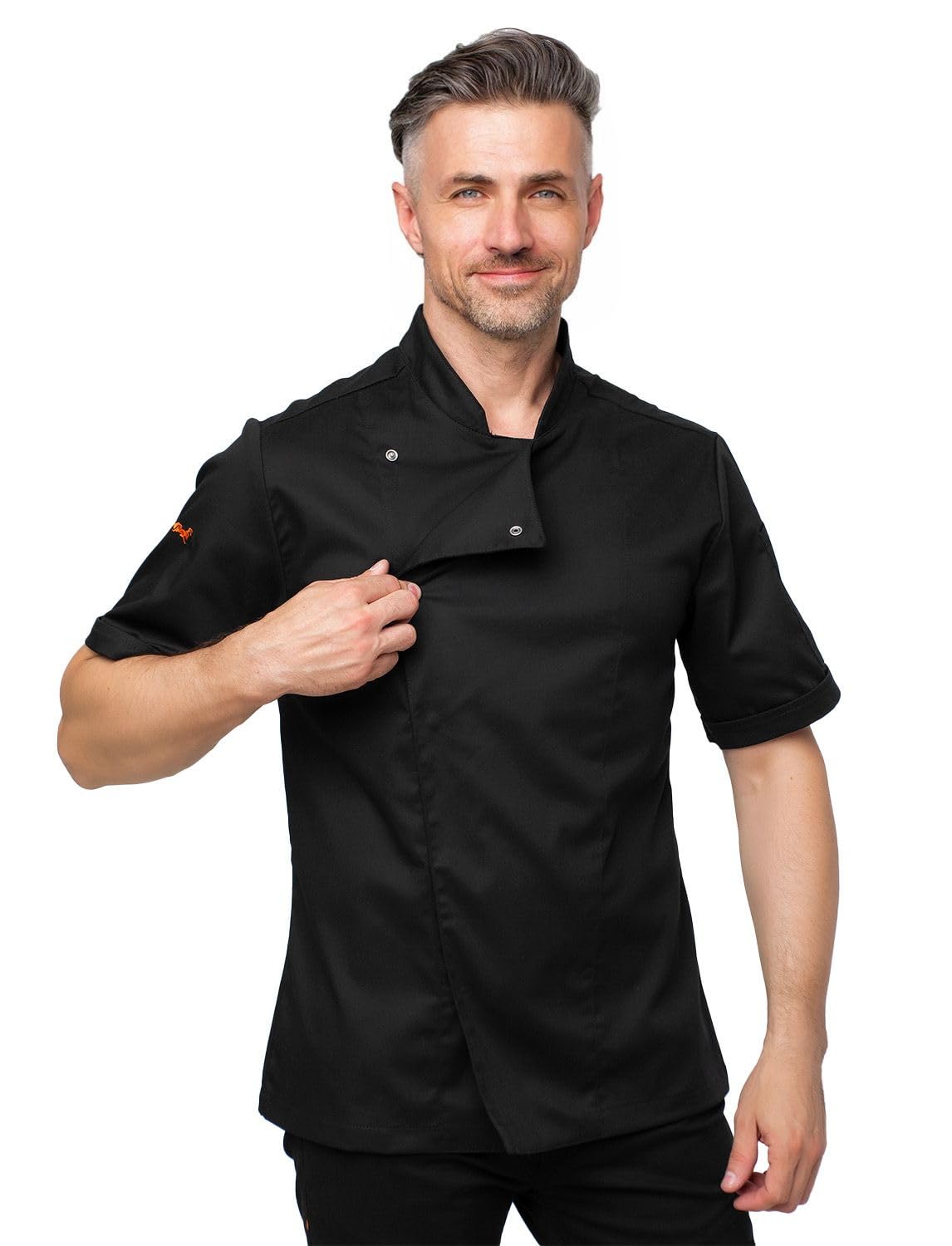 strongAnt Chaqueta de Chef para Hombre Slim Fit Stretch con Botones de presión, Chaqueta de Panadero - Manga Corta - Negro, L