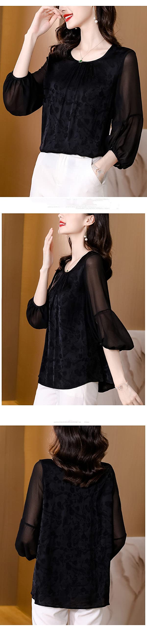 Damenkorsett Mit Langen Ärmeln,Damen Retro Jacquard Rundhals Falten Oberteile Satin Bluse Hemd Fledermausflügel 3/4 Ärmel Tunika Chiffon Hemd Komfort Glanz Oberteile Lässige Büro Business Bluse Fü