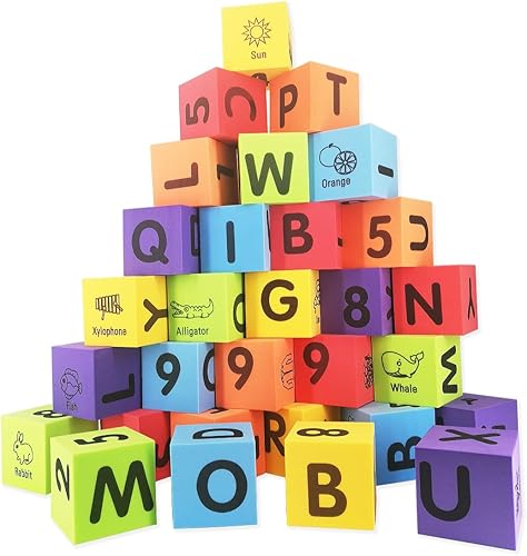 Miniatura 7 de MOBU Bloques de construcción de espuma para niños pequeños, 30 piezas de bloques de números de letras del alfabeto de 2 pulgadas con bolsa de
