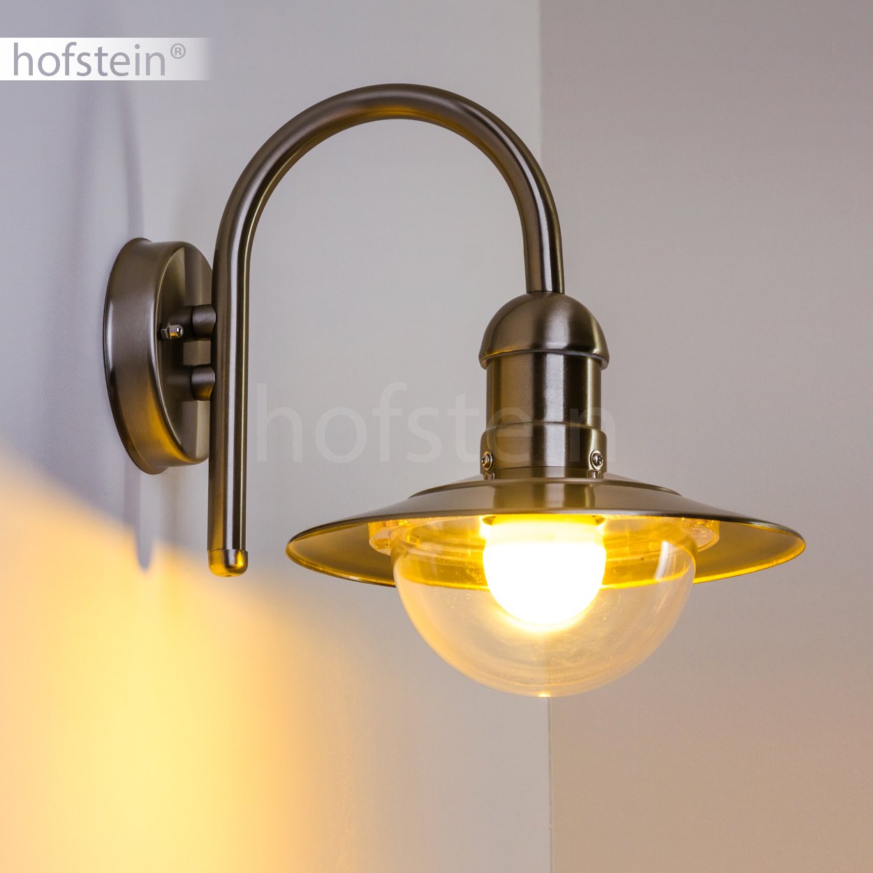 Applique extérieure Elima, lampe murale moderne vers le bas, acier inoxydable et plastique en argent, E27, lampe extérieure en forme d'arc pour terrasse, véranda, cour et jardin, sans ampoules