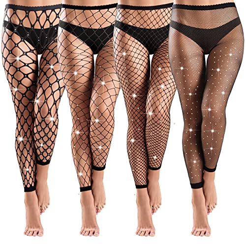 Bencailor 4 Pcs Rhinestone Leggings Fish Net Tights High Waist Leggings Mesh Thigh High Stockings Pantyhose