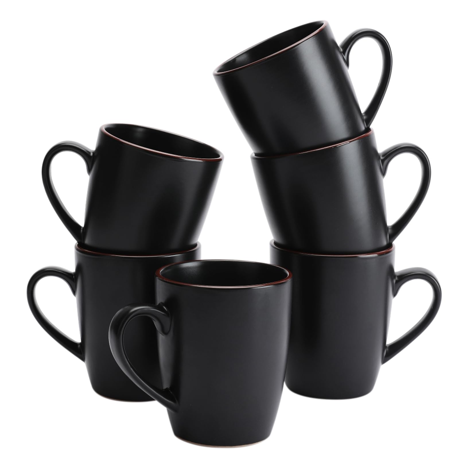 Richmount Venus Coffee Mugs Sets of 6, 13oz/370ml Stoneware Tea Cups with Large Handle and Burgundy Trim for Latte/Cappuccino/Milk/Cocoa/Tea, Microwave & Dishwasher Safe, Black — image 1