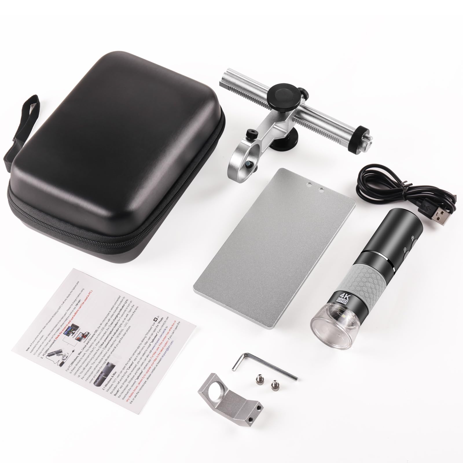 Mikroskop Mostanne 4K z metalowym uchwytem Pro, aparat cyfrowy mikroskop o rozdzielczości 3840 x 2160, powiększenie 50X do 1000X, kompatybilny z tabletami iPhone Android Mac Chrome Linux i Windows
