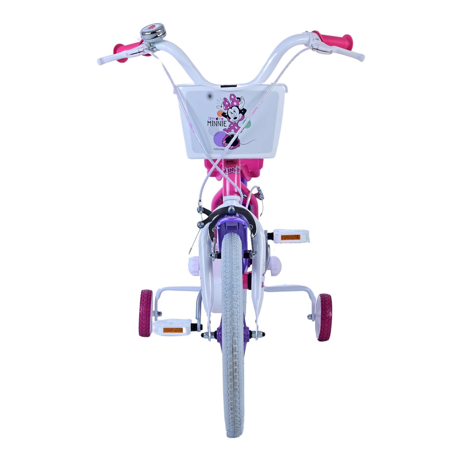 bicicletta da 16 pollici di minnie, con stabilizzatori laterali, portabambole, cestino anteriore personalizzato. Made in Italy