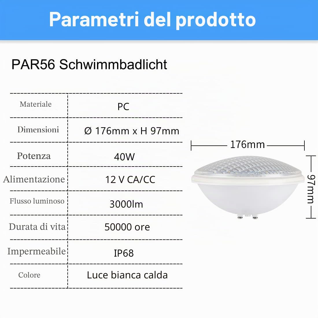 Illuminazione a LED per piscina, PAR56, IP68, impermeabile, 40 W, luce bianca calda, illuminazione subacquea, 12 V AC/DC, per paesaggio, giardino, fontana