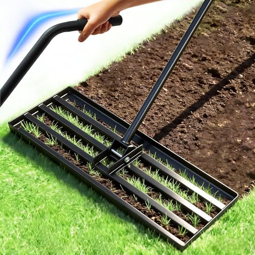 SYITCUN Lawn Leveling Rake 30 x 10 Stainless Steel Head Ergonomic Bent Handle Level Soil & Sand 6ft Long Handle for Yard Garden Sports Field