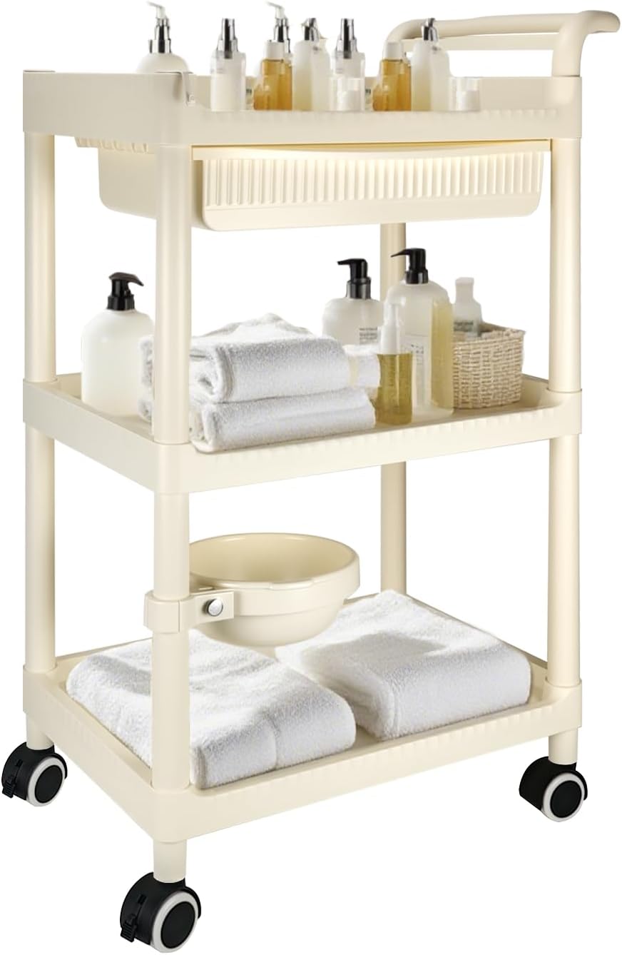 3 Tier Rolling Cart with Drawers, White Utility Carts for Kitchen, Laundry Room and Bedroom, 3 Tier Grocery Carts for Home and Office, Bathroom Organizers and Storage Rack on Wheels