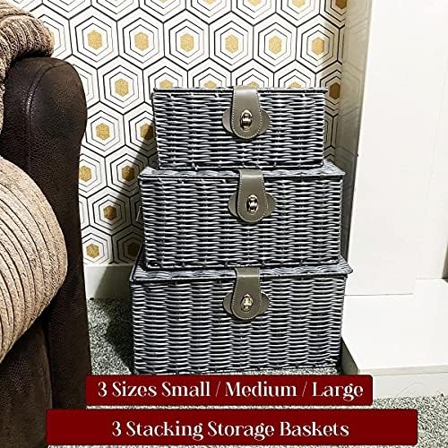 Almineez Set of 3 Resin Woven Wicker Storage Basket Box with Lid Lock | Carry Handles | Multifunctional Box Organiser Decoration - Nursery Baby Clothes Toys Home Bathroom Xmas Gift Hamper (Grey)
