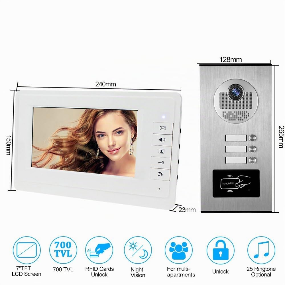 7 '' Couleur Filaire Interphone Vidéo Porte Système de Téléphone kit 700TVL RFID Accès Entrée Caméra Sonnette 3 Monitors pour Multi- Appartements/Maison