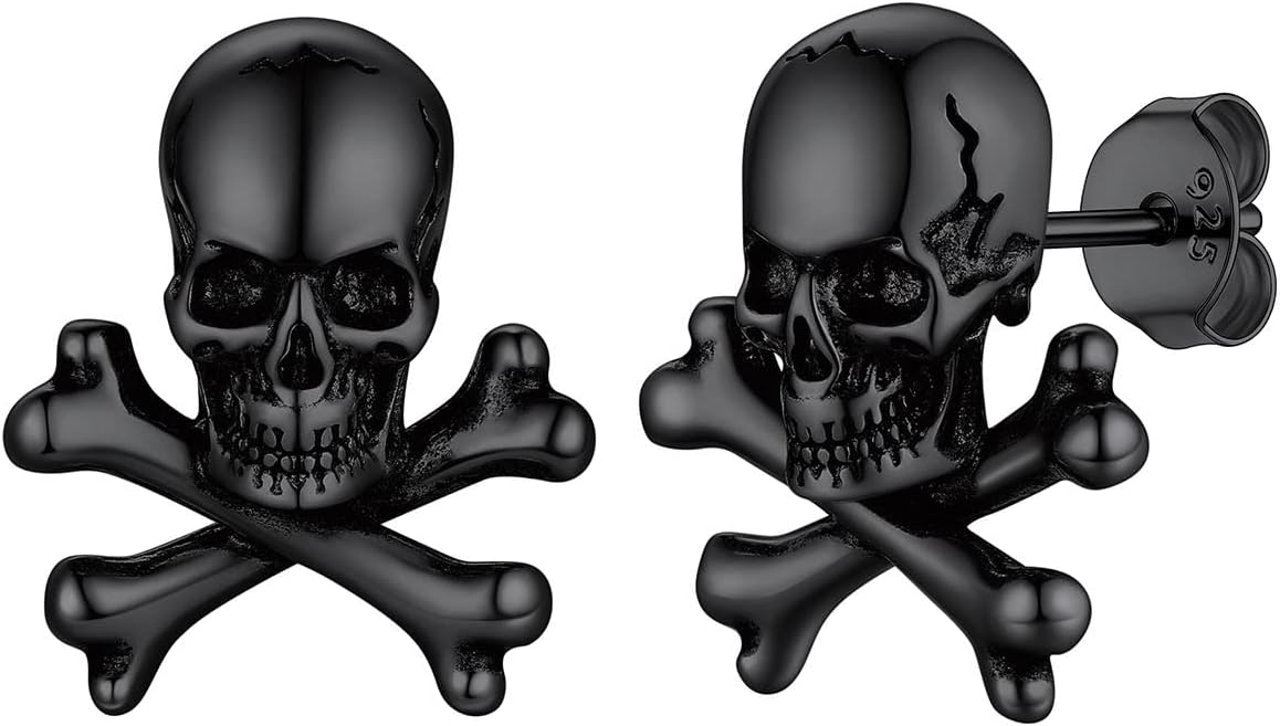 Black Skull Ear Studs Solid Silver Jewelry Gothic Skeleton Stud Earrings Jewelry