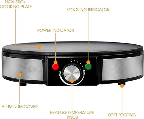 Miniatura 4 de Máquina de crepas antiadherente de 12 pulgadas y plancha para panqueques con temperatura ajustable, esparcidor de masa y espátula, máquina de