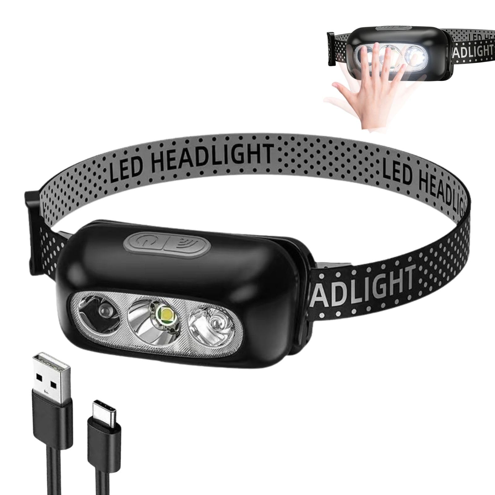 Lampada con Sensore di Movimento, Lampada Frontale Adatta per il Ciclismo e la Corsa, Illuminazione Regolabile su Quattro Livelli, Attrezzatura da Pesca Adatta all'illuminazione Notturna