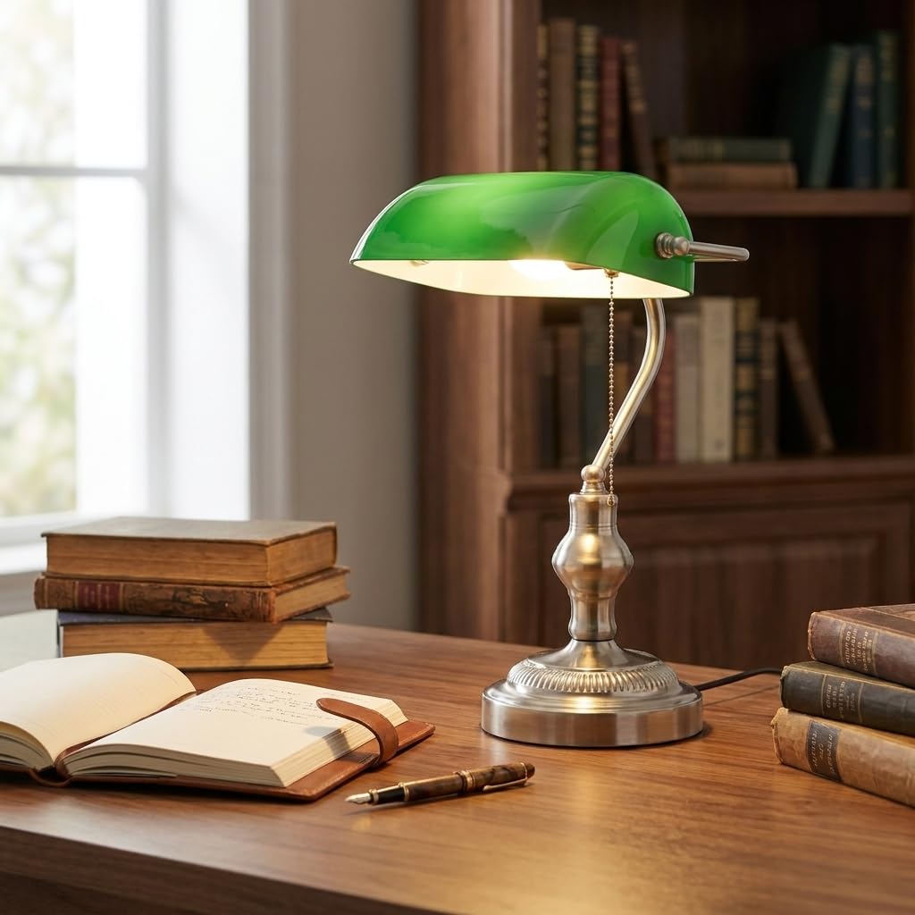 BARCELONA LED - Lampada da tavolo vintage "BANQUERO" con paralume in vetro verde - Base in nichel - Lampada da scrivania classica per ufficio e studio - Attacco E27