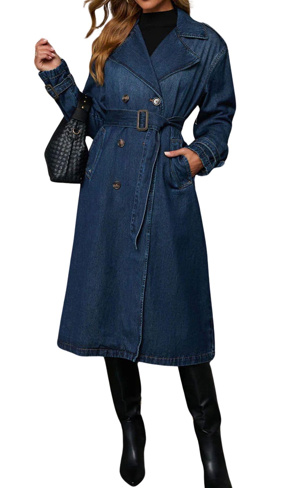 loveimgs Women Vintage Double Breasted Mid Long Denim Jacket Jean Trench Coat Duster Blazer Jacket Windbreaker Belt