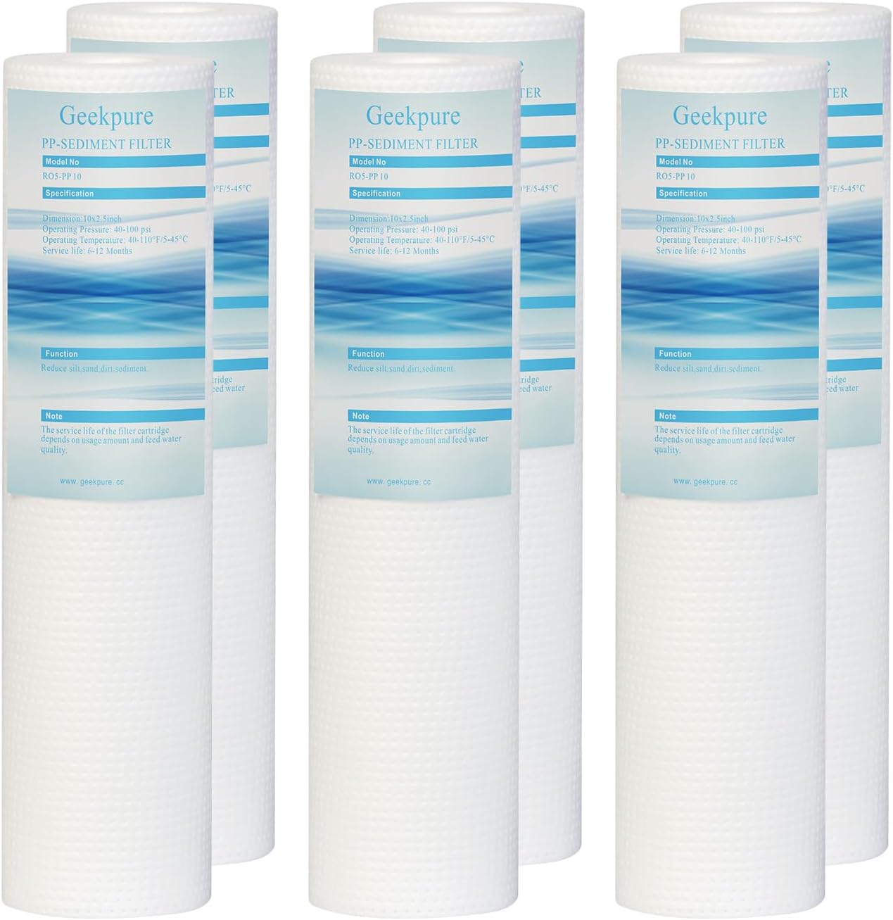 Geekpure 10 Inch PP Sediment Replacement Cartridge for for Whole House Water Filtration or RO System -2.5" x 10" -5 Micron -Pack of 6