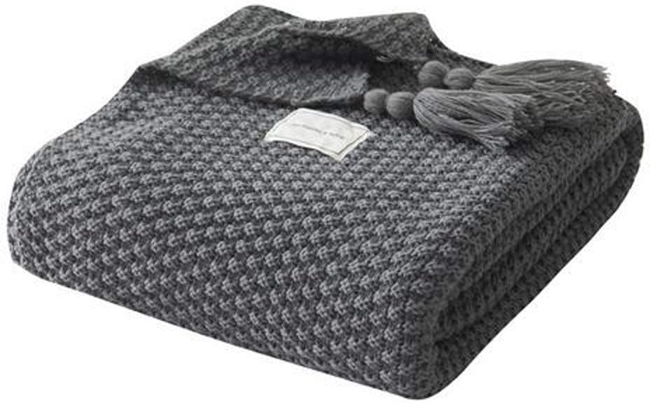 Moonlove Original Knitted Sofa Blanket Throw Cozy Bed Throw Blanket With Tassel Poms Poms for Office Chair Couch Sofa Conditioning Room, 110x150cm, Grey