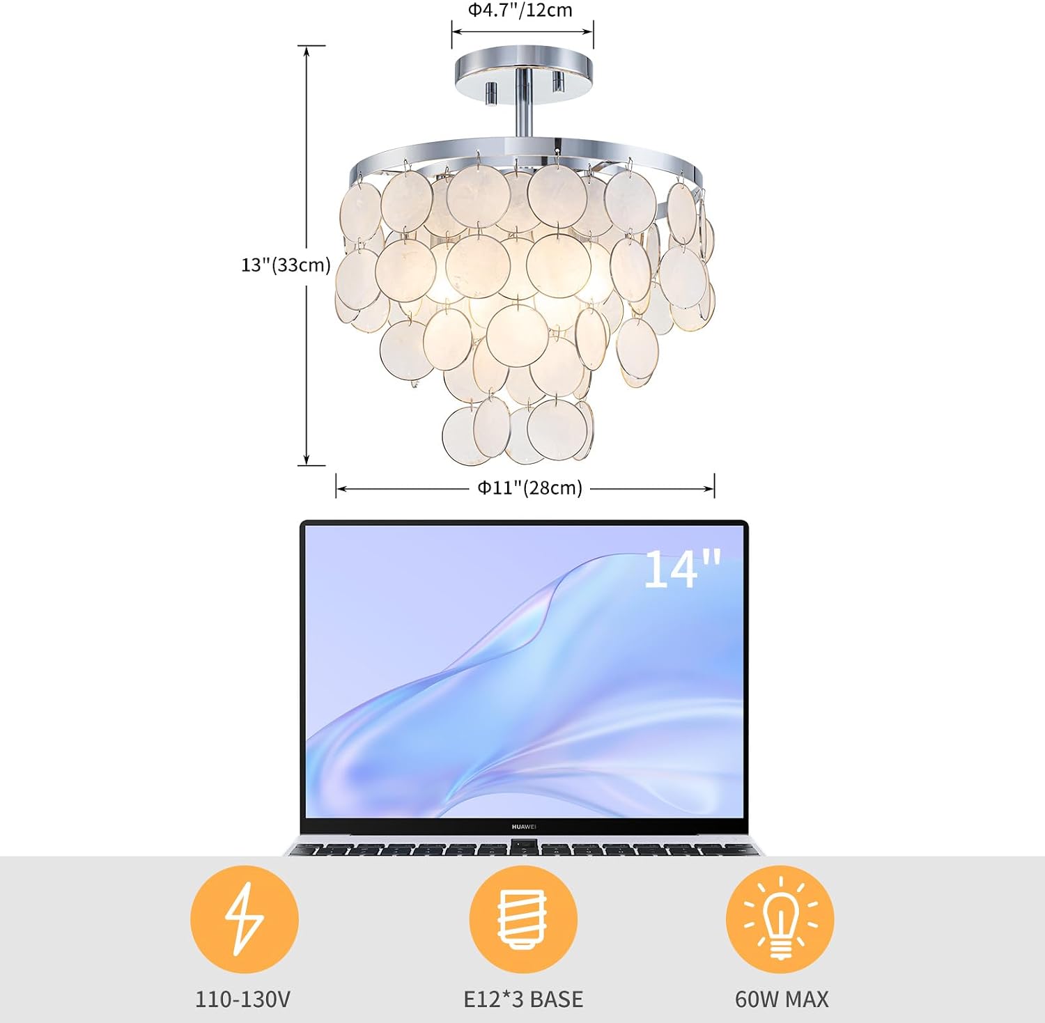 LumFurn D11 inch Capiz Shell Ceiling Light, 3-Light Coastal Design Semi-Flushmount Light Fixture for Dining Room, Hallway, Bedroom, D11xH13 in, True Shell Pendants& Chrome Finish Frame