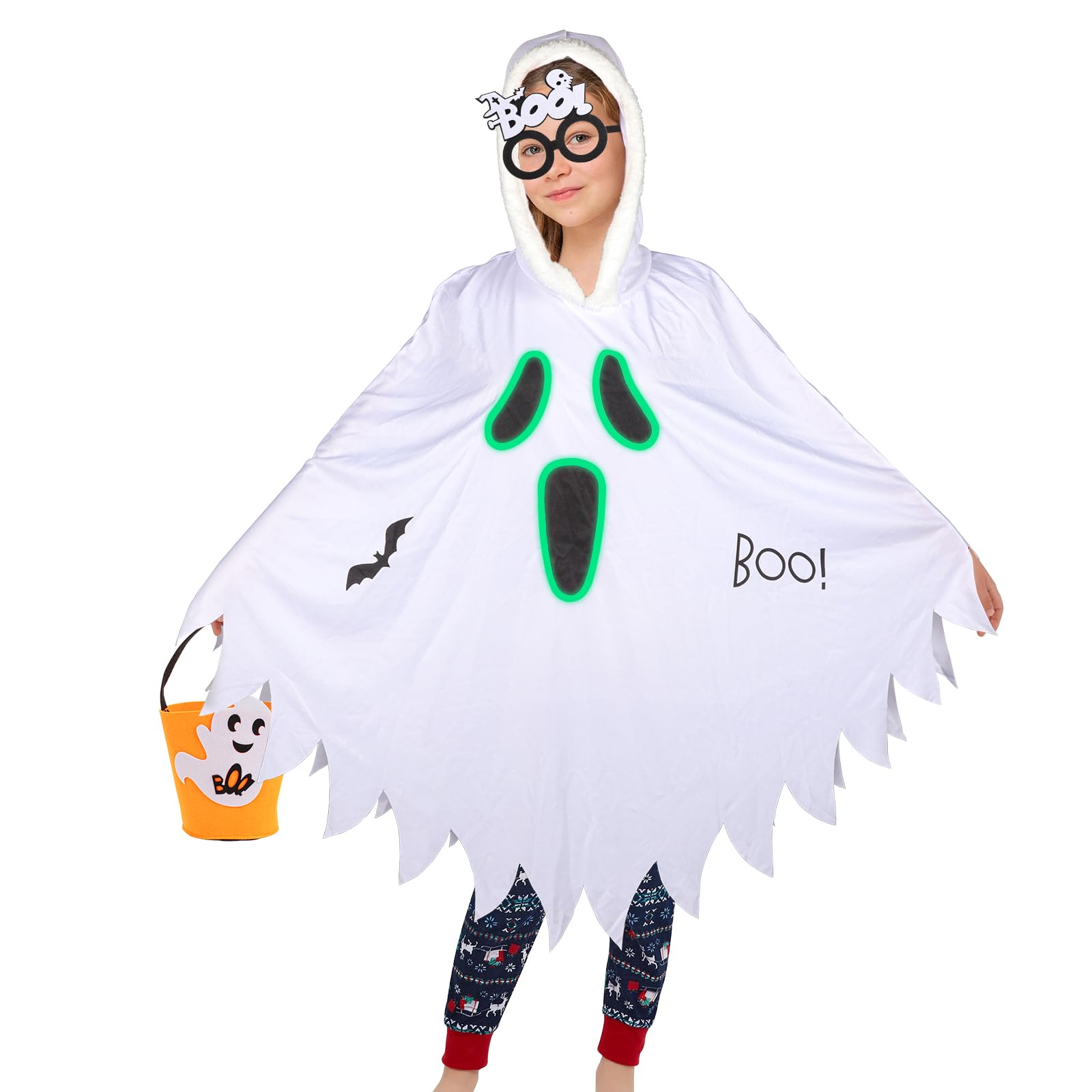 Lancry 3PCS Halloween Ghost Costume for Kids Glow in Dark Hooded Poncho with Pumpkin Basket and Skeleton Glasses