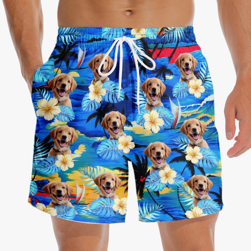 Pawfect House Funny Custom Swim Trunks Men with Face, Mens Board Shorts Swimwear, Hawaiian Beach Shorts Swim Shorts for Men