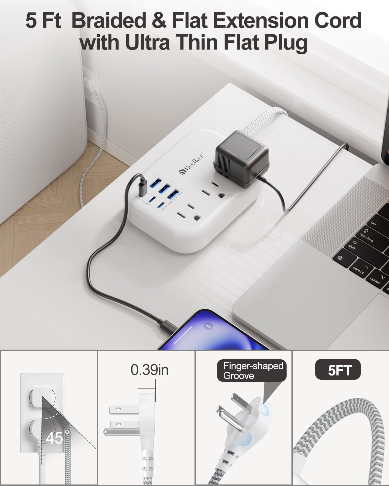 Zasilacz 6 USB (3 USB C), ładowarka podróżna z 6 stacjami ładującymi USB do komputera 24 W/4,8 A i 3 gniazdami, pleciony kabel przedłużający z płaskim złączem 5