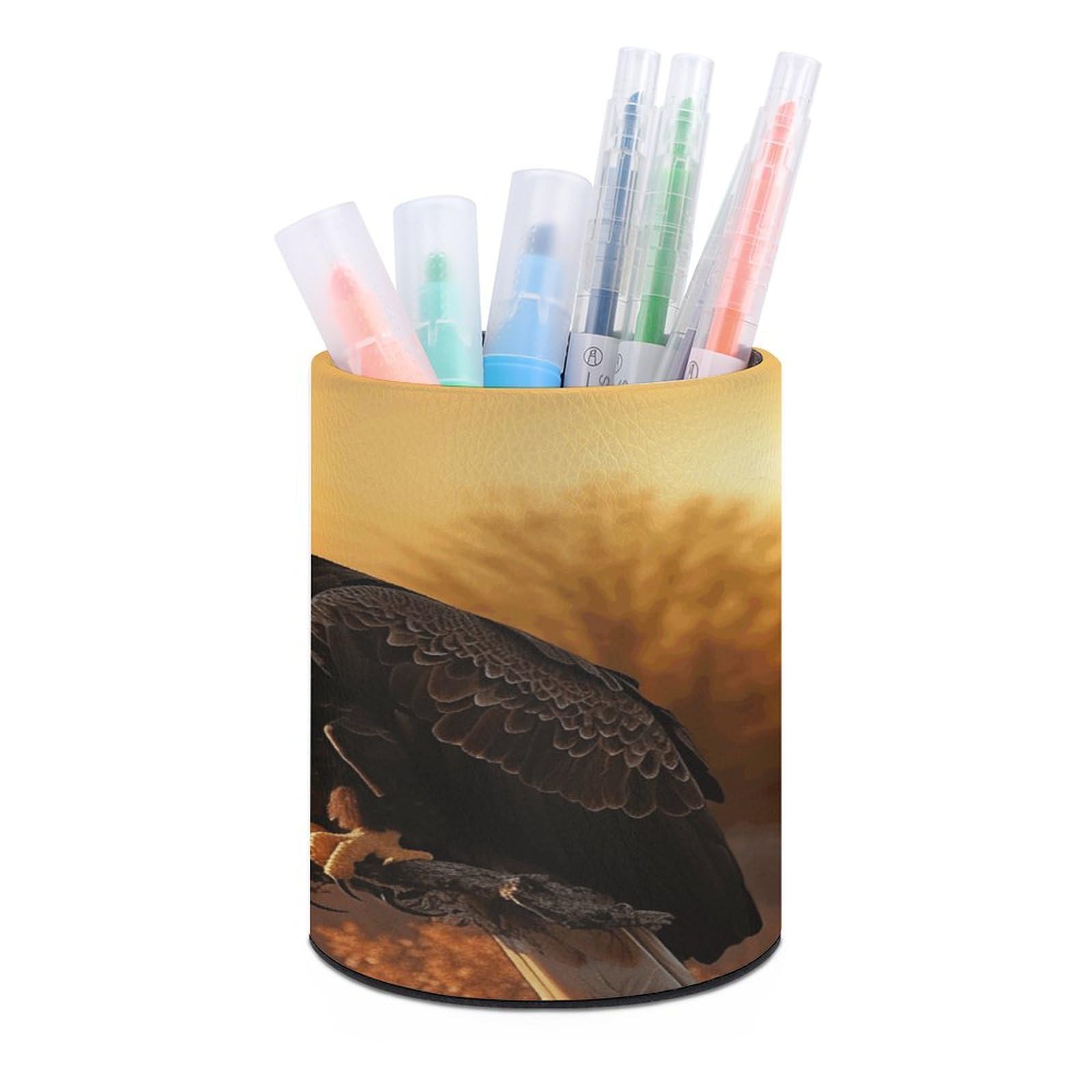 VstaDank Golden Sunset Bald Eagle Pen Holder PU Leather Pencil Cup Minimalist Desk Pencil Holder Round Make Up Brush Organizers For Office Dorm Room&Vanity Desk Accessories