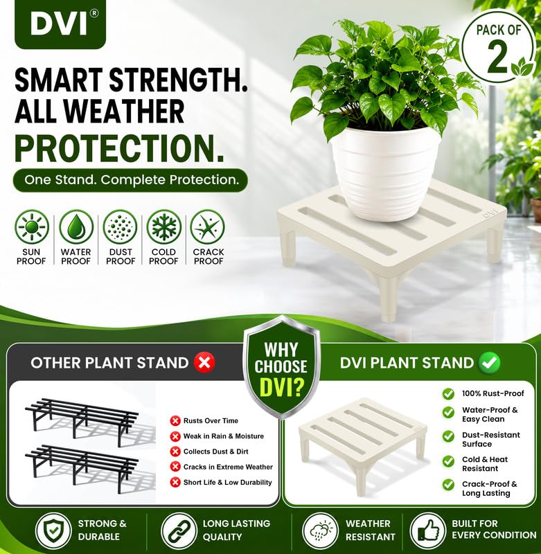 Image of DVI Heavy Duty White Plant Stand | Pack of 2 | Strong, Durable, Rust-Proof | Supports Up to 200 Kg | Indoor & Outdoor Use | Pot Stand for Big Size Plants | All Weather Resistant Pot Stand