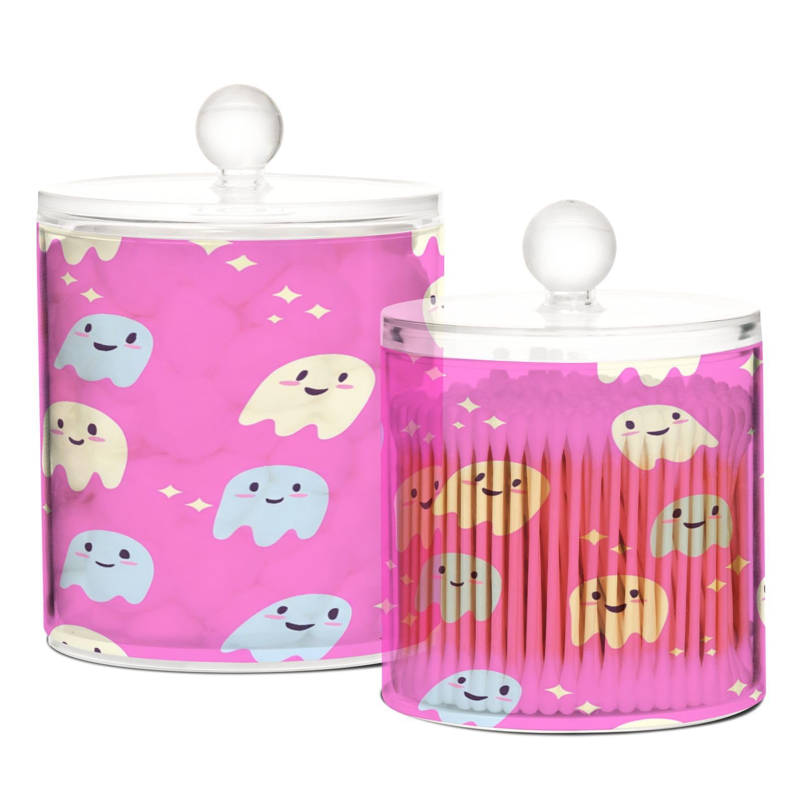 BOESI Bathroom Organizer Set of 2, Cotton Swab Caddy with Lid Dispenser, Cute Halloween Ghost