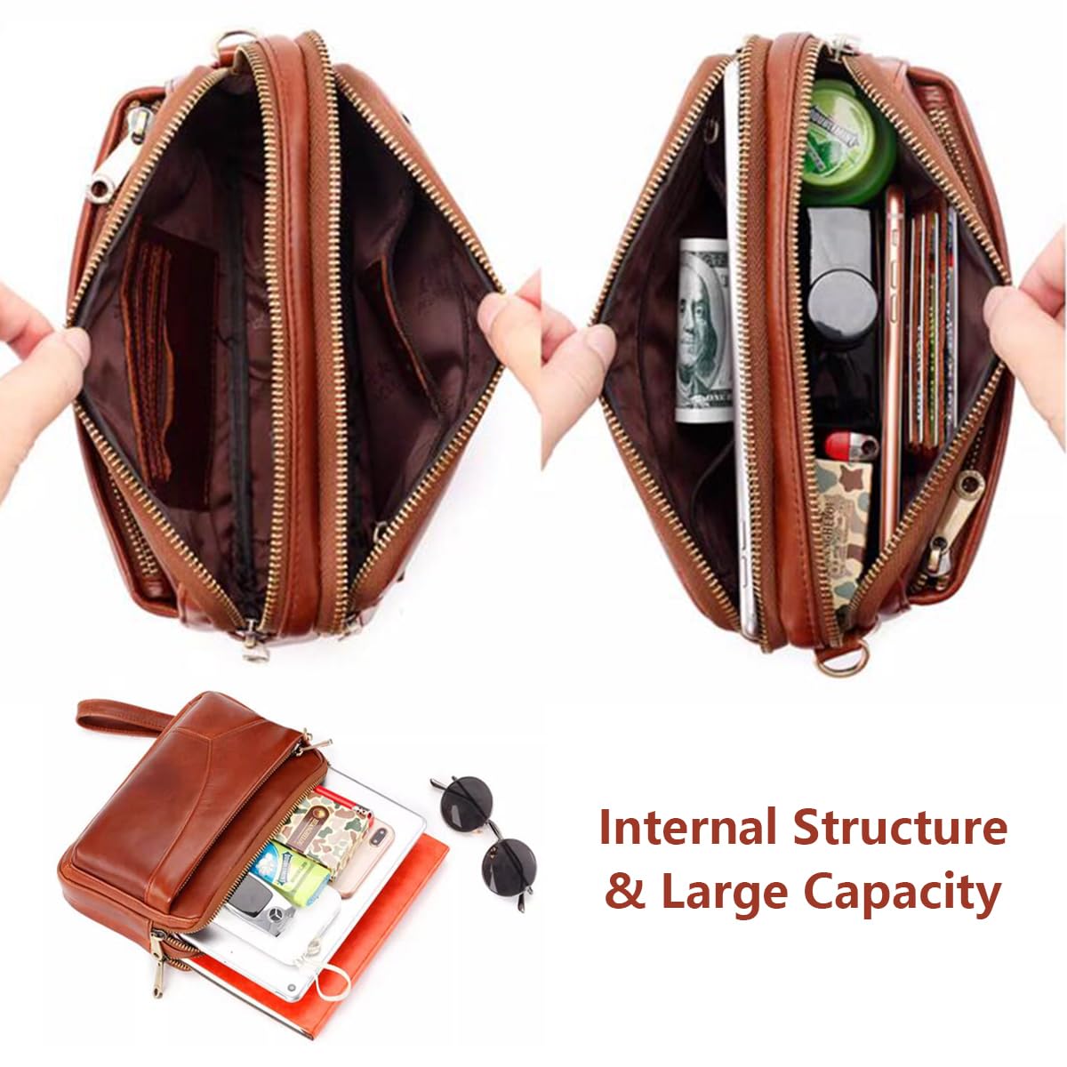 Homme Pochette Clutch Sac à Main en Cuir Véritable Grande Capacité pour Téléphone, Casual Portefeuille Long avec Dragonne Détachable, Petit Sac d'embrayage de Poignet pour Affaires Voyage Brown