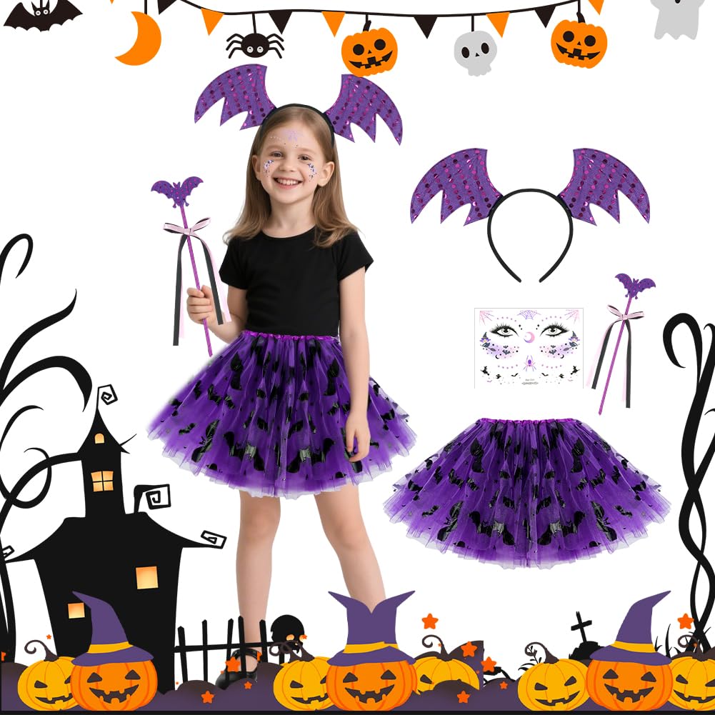ACWOO Kids Bat Costume, 4PCS Halloween Bat Tutu Skirt Suit Costumes Set with Bat Wand and Headband, Bat Face Tattoo Sticker, Bat Fancy Dress Outfit for Halloween Carnival Party Dress up Cosplay