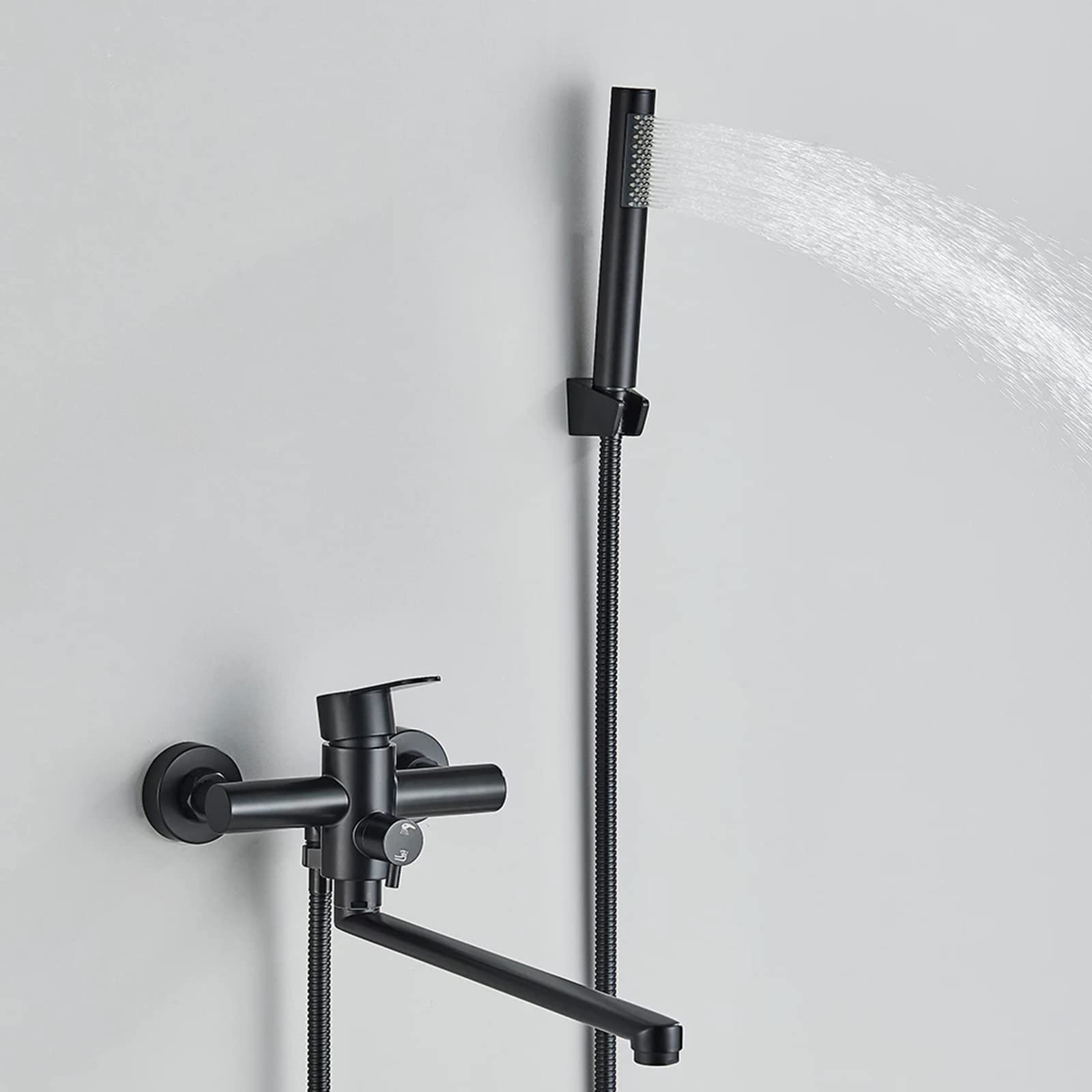 Grifo de bañera de Pared con caño Giratorio Alargado de 35 cm y Ducha de Mano, Grifo de Ducha de bañera de latón Negro Mate, Grifo Mezclador de Agua fría y Caliente para el hogar.