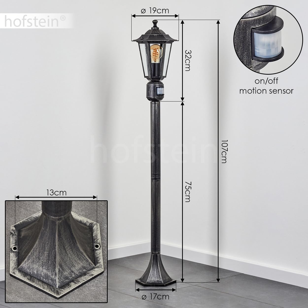 HOFSTEIN Lampa zewnętrzna Loria, lampa drogowa z czujnikiem ruchu z metalu/szkła w kolorze czarno-srebrnym/przezroczystym, lampa zewnętrzna o wyglądzie antycznym, wysokość 107 cm, oświetlenie ogrodowe