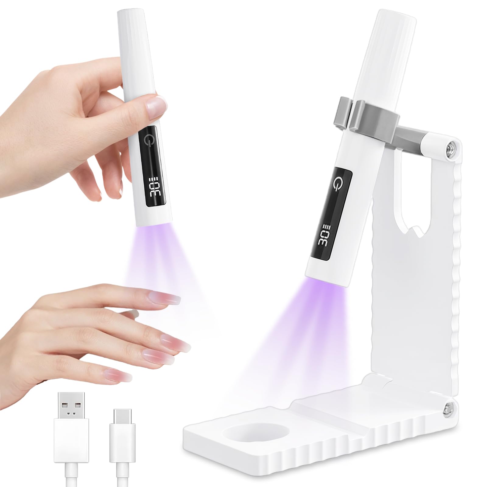 Flintronic Lampe UV Ongles Gel, 3W Lampe UV Ongles Gel Portable, avec Support, Charge Rapide USB-C, Double Minuteur 30s/60s, Minicure Lampe UV Professionnel, Séchoir à Ongles Rapide, Écran Tactile