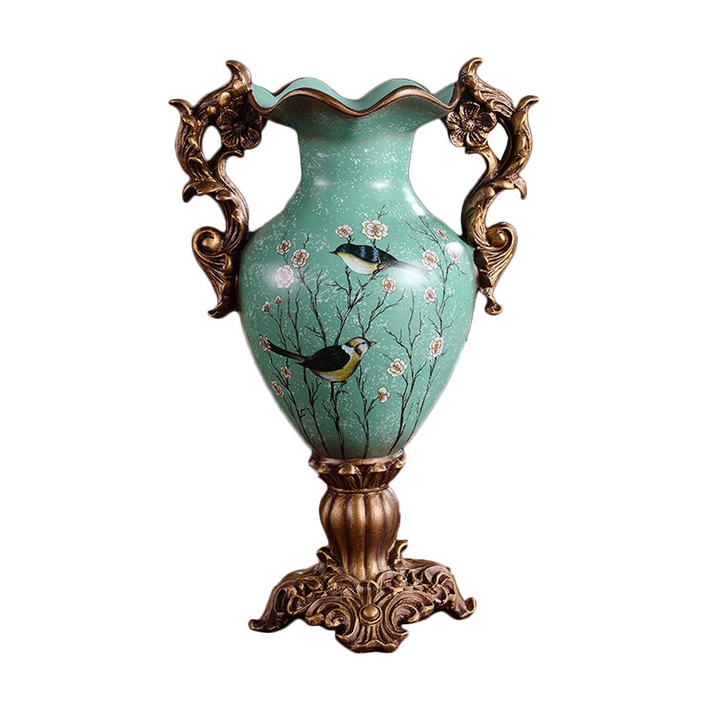 asdchZen European Retro Large Vase Decoration Living Room Luxury Resin Ornament Green Handmade Dried Flower Flower Arrangement Bottle Art Decoration
