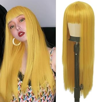 Yellow Long Wig with Bangs Womens Straight Cosplay Heat Resistant Synthetic Wig Halloween Costume Party Hair Wigs